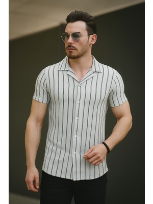Moderie Butik Erkek Kısa Kollu Gri Çizgi Desenli Örme Kumaş Pamuklu Gömlek