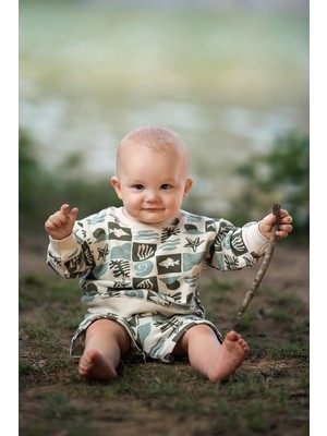 Antebies Organik Gots Sertifikalı Yeşil Okyanus Desenli Uzun Kollu Manşetli Erkek Bebek Sweatshirt