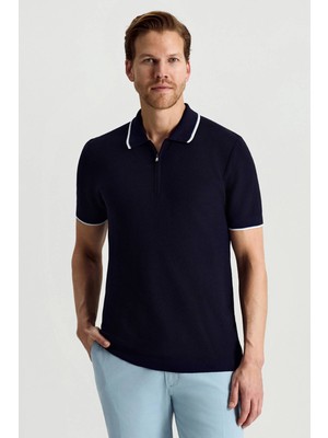 Hemington Merserize Pamuk Fermuar Detaylı Lacivert Triko Polo