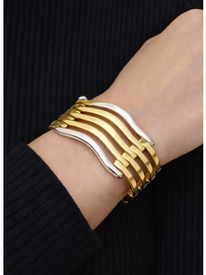 Kızılay Kuyumcusu 14 Ayar Altın 5 Sıralı Gold & Silver Renkli Sarmal Kaburga Kelepçe Bilezik 22.36 gr