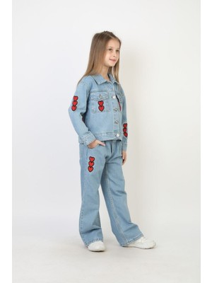 Moonch Kız Çocuk Kalp Nakışlı Kot Ceket Pantolon Takım – Şık ve Rahat 2’li Jean Kombin