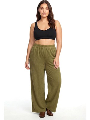 İlkyaz Fashion Kadın Haki Dokulu Büyük Beden Cepli Pijama Altı