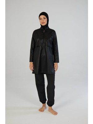 Estiva Tam Kapalı Pantolonlu Taş Baskılı Yarım Fermuarlı Tesettür Mayo Siyah