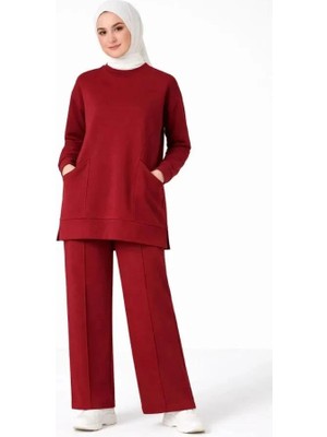 Mareandpanda Osy Modal Yumuşak Dokulu Kumaş Tesettür Cepli Tunik Pantolon Takım - Bordo