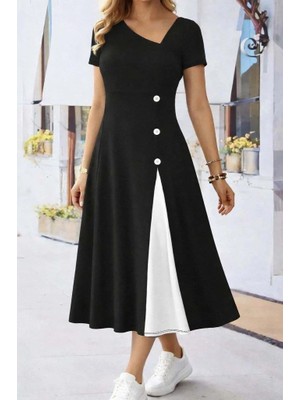 Mareandpanda Kadın Kısa Kollu Asimetrik Yakalı Düğme Detaylı Midi Viskon Elbise