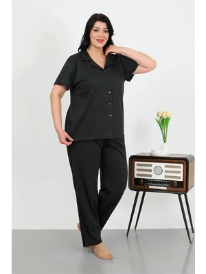 Marsilyan Kadın Büyük Beden Pamuklu Cepli Düğmeli Siyah Pijama Takım