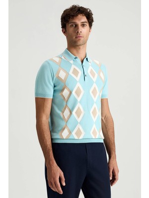 Hemington Saf Pamuk Argyle Desen Açık Mavi-Bej Triko Polo