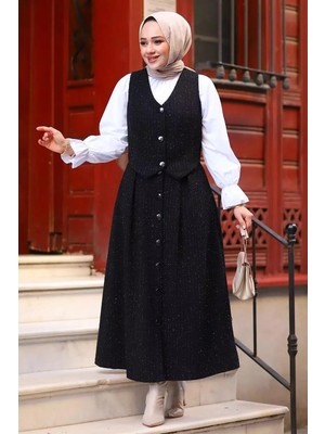 Tesettür Diyarı Üç Düğme Yelekli Tüvit Takım-Siyah