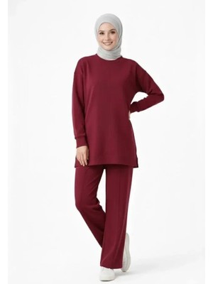 Mareandpanda Osy Modal Yumuşak Dokulu Tesettür Ikili Takım Yan Yırtmaçlı Uzun Tunik ve Düz Paça Pantolon, Salaş Kalıp - Bordo