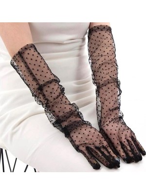 Ett Uzun Boy Siyah Puantiyeli Siyah Renk Yetişkin Tül Eldiven 55 cm Dinç Store - 004982