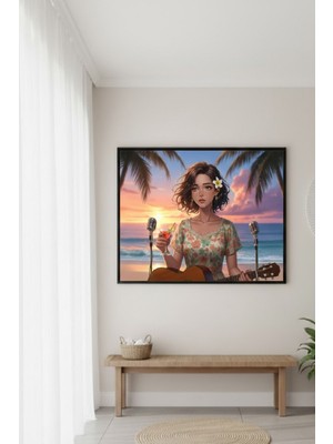 Safir Design Tropikal Gün Batımı,gitar Çalan Kadın Temalı Çerçeveli Tablo