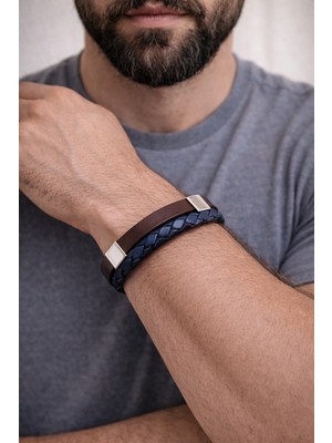 Herşey Nota Urban Navy Hakiki Deri Erkek Bileklik – Kahverengi & Lacivert – Çelik KILITLI50-550