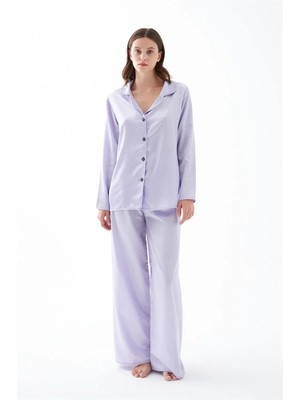 Çamaşır Kenti Kadın Lila Oversize Saten Pijama Takımı – Rahat Kesim Şık Ev Giyim Seti