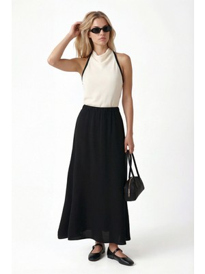 Ritnice Kadın Becca Gloss Cepli Bel Lastikli Siyah Uzun Dokuma Etek