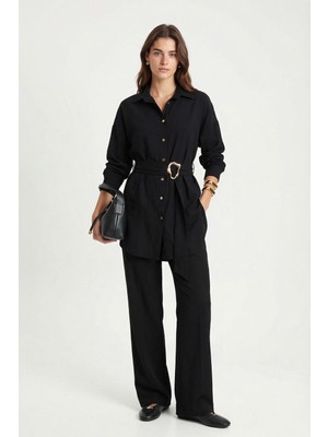 Ritnice Kadın Carmen Gloss Bel Kuşaklı Gold Tokalı Siyah Dokuma Alt Üst Takım