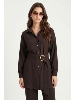 Ritnice Kadın Carmen Gloss Bel Kuşaklı Gold Tokalı Kahverengi Dokuma Alt Üst Takım