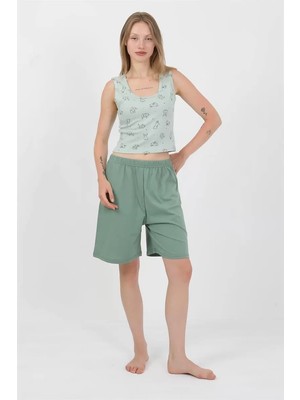 Nemere Kadın Kalın Askılı Pamuk Penye Şortlu Crop Takım Suyeşili