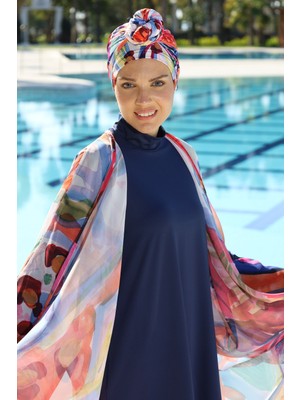 Estiva Aura Desenli Kaftanlı Tam Kapalı Tesettür Mayo Lacivert