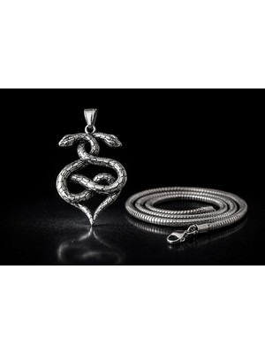 Çift Başlı Tasarım Erkek Paslanmaz Çelik Yılan Kolye + 4 mm Yılan Zincir Hediyeli