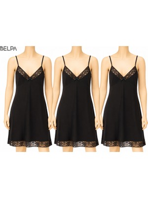 Belpa Jarse İp Askılı Kadın Kombinezon 3'lü %100 Polyester Siyah Renk Şık Detaylar