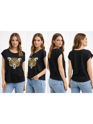 Erline Leopar Payetli Kadın T-Shirt