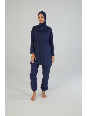 Estiva Tam Kapalı Pantolonlu Taş Baskılı Yarım Fermuarlı Tesettür Mayo Lacivert