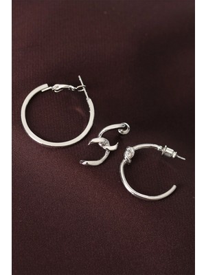 Mey İthalat Mey Ithalat® Düğüm Model Gümüş Renk Metal Çoklu Halka Küpe