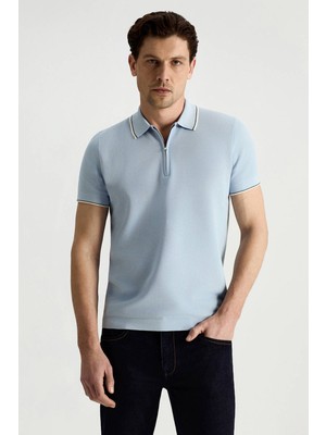 Hemington Merserize Pamuk Fermuar Detaylı Açık Mavi Triko Polo
