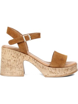 Celal Gültekin Kadın Taba Kalın Topuklu Süet Deri Sandalet