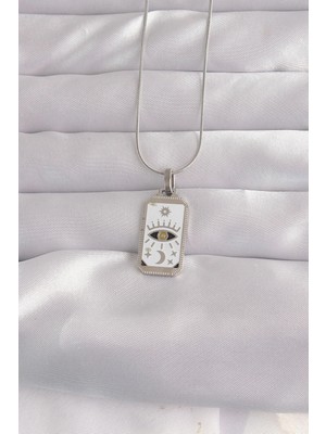 Mey İthalat Mey Ithalat® 316L Çelik Gümüş Renk Beyaz Mineli Göz Figür Tarot Kolye