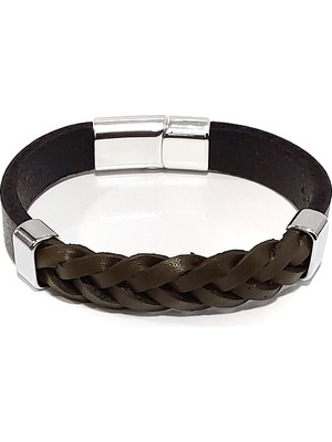 Herşey Nota Monarch Brown Hakiki Deri Erkek Bileklik – Çelik Kilitli Örgü Tasarım