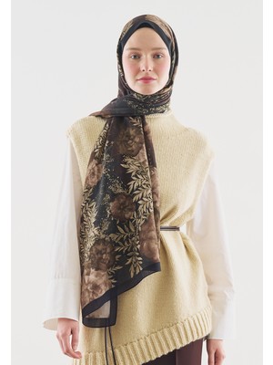 Fresh Soft Hıbıscus Desenli Pamuk Viskon Şal Siyah