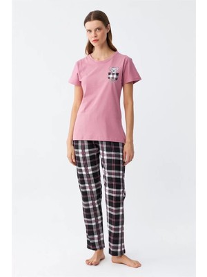 Beruflic Kadın Somon Ayıcık Baskılı Ekoseli Penye Pijama Takımı