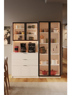 AVM Park Orea Kahve Köşesi+ Temperli 2 Cam Kapaklı Ledli Kahve Köşesi Kiler Dolabı Mutfak Tezgahı Airfry Dolabı Çok Amaçlı Dolap Beyaz
