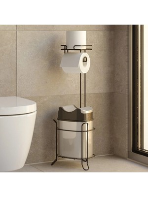 Evistro Banyo Tuvalet Kağıdı Askısı Çöp Kovası Yedekli Ayaklı Siyah