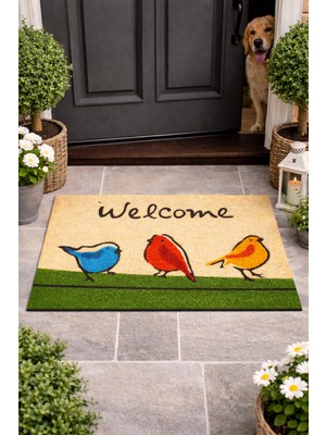 Esnature Chirp Birds Renkli Cıvıldıyan Kuşlar Kahverengi Welcome Kapı Önü Paspası 45X70 cm