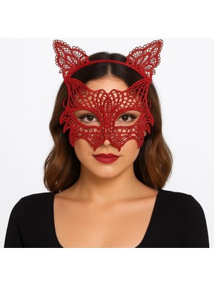 Shopwave Kırmızı Dantel Kedi Maskesi ve Dantel Taç Seti 8 No – Kadın Kostüm Aksesuarı (5047)