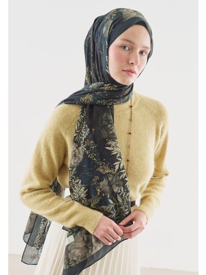 Fresh Soft Hıbıscus Desenli Pamuk Viskon Şal Petrol