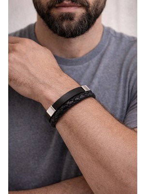 Herşey Nota Urban Steel Hakiki Deri Erkek Bileklik – Siyah – Çelik Mıknatıslı KILITLI-553