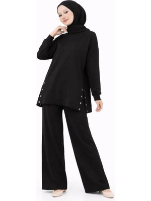 Mareandpanda Osy Modal Yumuşak Dokulu Kumaş Modern Tesettür Takım Yandan Metal Çıtçıtlı Uzun Tunik Pantolon Set Salaş Kalıp - Siyah