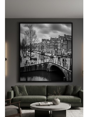 Safir Design Avrupa Esintisi,siyah Beyaz Amsterdam Şehir Manzarası Çerçeveli Tablo