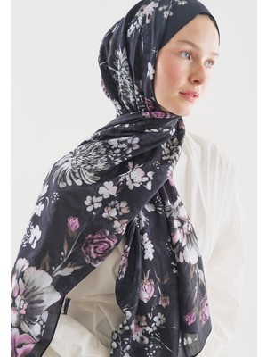 Fresh Mıdnıght Rose Desenli Pamuk Viskon Şal Gece Mavisi