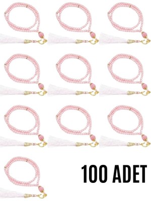 Sylar Namaz Tesbihi Vavlı 99'lu Cam Incili Ayet-El Kürsi Dua Kartı Ile Pembe Renk Hediyelik 100 Adet