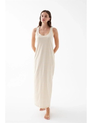 Moda Kadın Sarı Çizgili Askılı Uzun Gecelik – Rahat Kesim Günlük Uyku Geceliği Beruflic