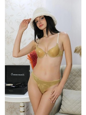 Beruflic Kadın Desteksiz Ince Süngerli Desenli Sütyen Takım Hardal