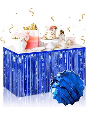 Shopwave Kendinden Yapışkanlı Mavi Metalize Püsküllü Masa Eteği – 75 x 275 cm Parti Süslemesi (5047)