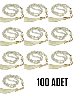 Sylar Namaz Tesbihi Vavlı 99'lu Cam Incili Ayet-El Kürsi Dua Kartı Ile Krem Renk Hediyelik 100 Adet