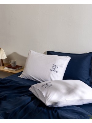Madame Coco Amour %100 Pamuk Nakışlı 2'li Yastık Kılıfı - Beyaz/lacivert