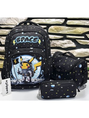 LaddyCo Ilkokul Çantası Erkek Çocuğu 3`lü Set Siyah Ilk Okul Çantası Karakter Baskılı Takım