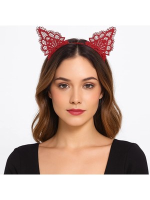 Shopwave Dantelli Kırmızı Kedi Tacı - Vintage Tarz Dantel Kedi Kulak (5047)